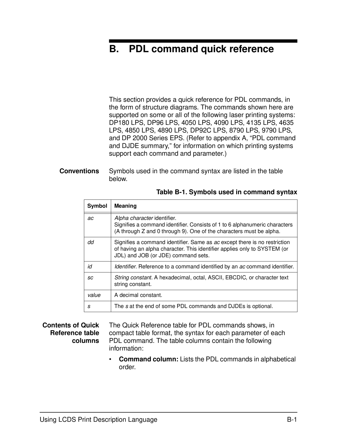 Xerox 701P21091 manual PDL command quick reference, Table B-1. Symbols used in command syntax 