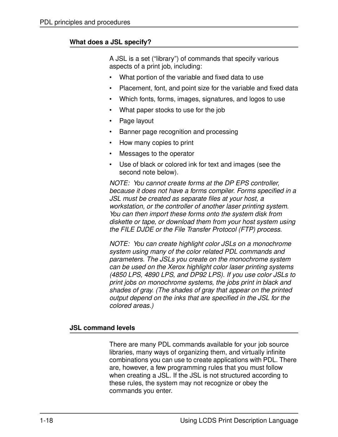 Xerox 701P21091 manual What does a JSL specify?, JSL command levels 