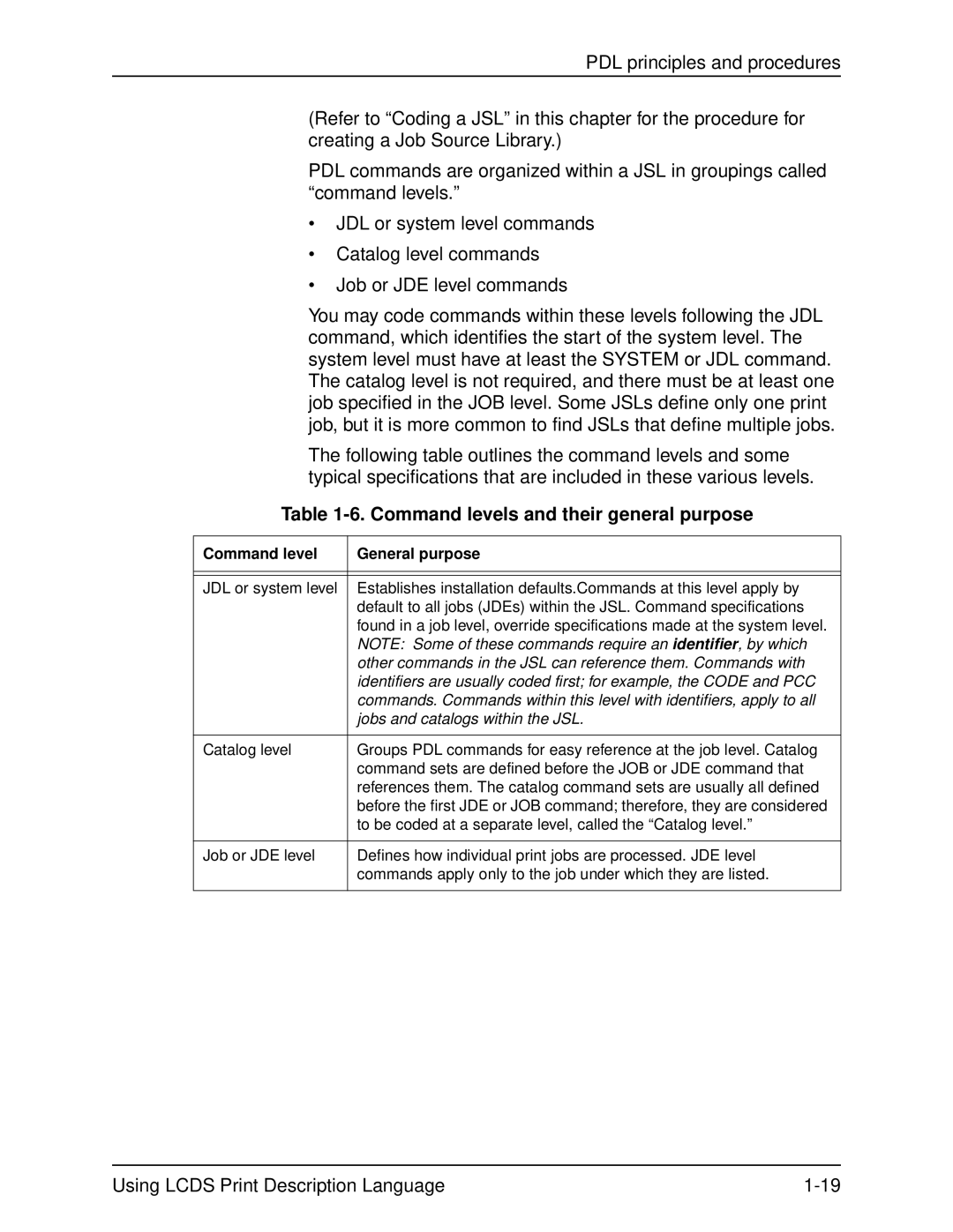 Xerox 701P21091 Command levels and their general purpose, Command level General purpose, Jobs and catalogs within the JSL 