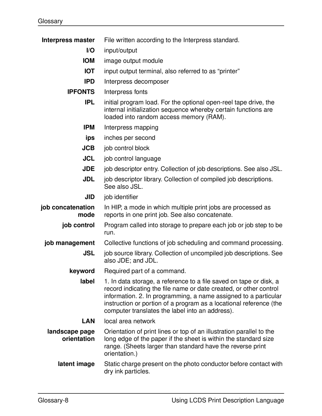 Xerox 701P21091 manual Iom, Iot, Ipd, Ipfonts, Ipl, Ipm, Jcb, Jcl, Jde, Jdl, Jid, Jsl, Lan 