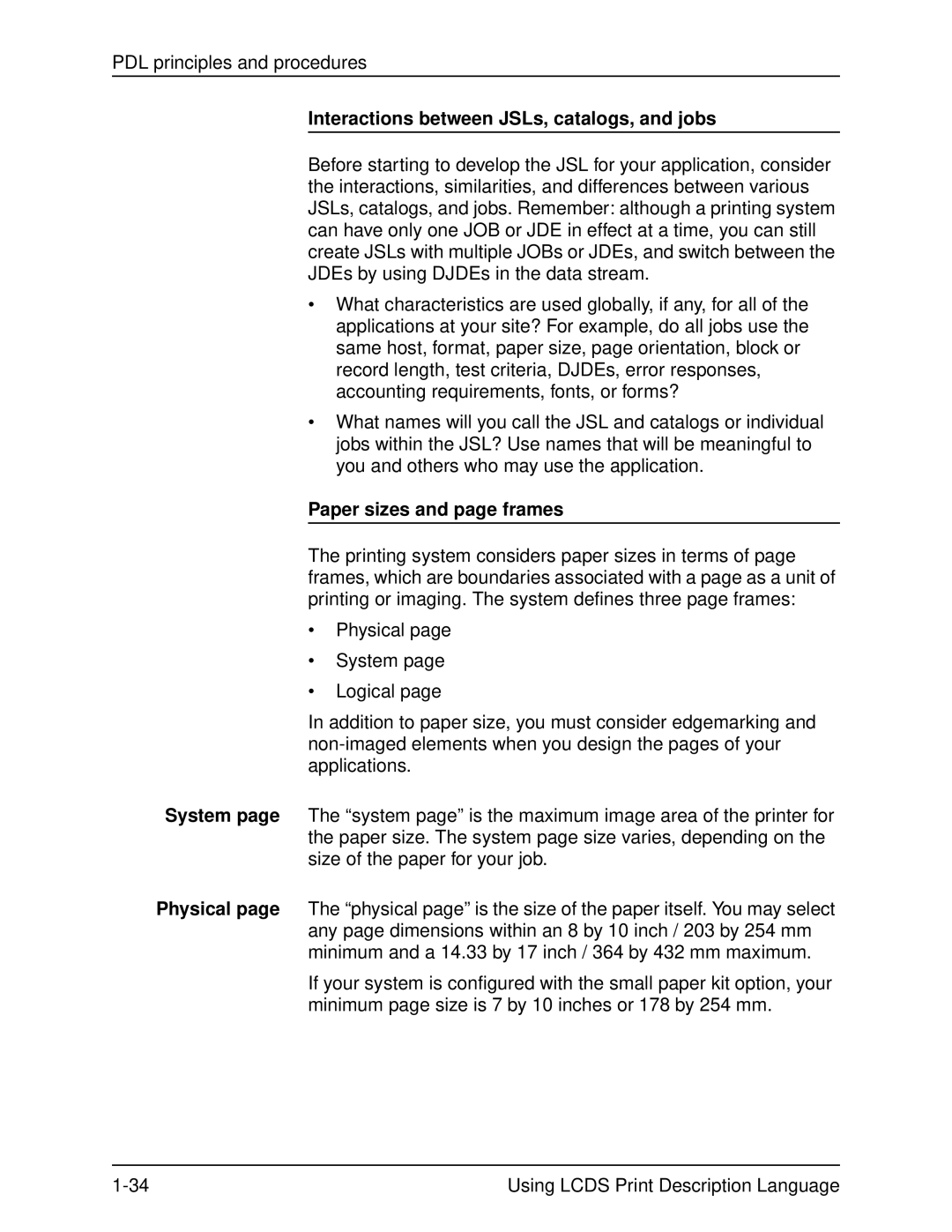 Xerox 701P21091 manual Interactions between JSLs, catalogs, and jobs, Paper sizes and page frames 