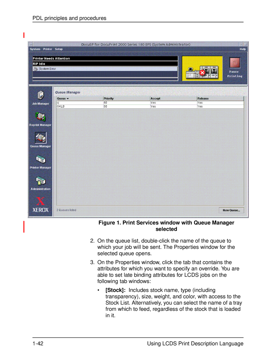 Xerox 701P21091 manual Print Services window with Queue Manager Selected 