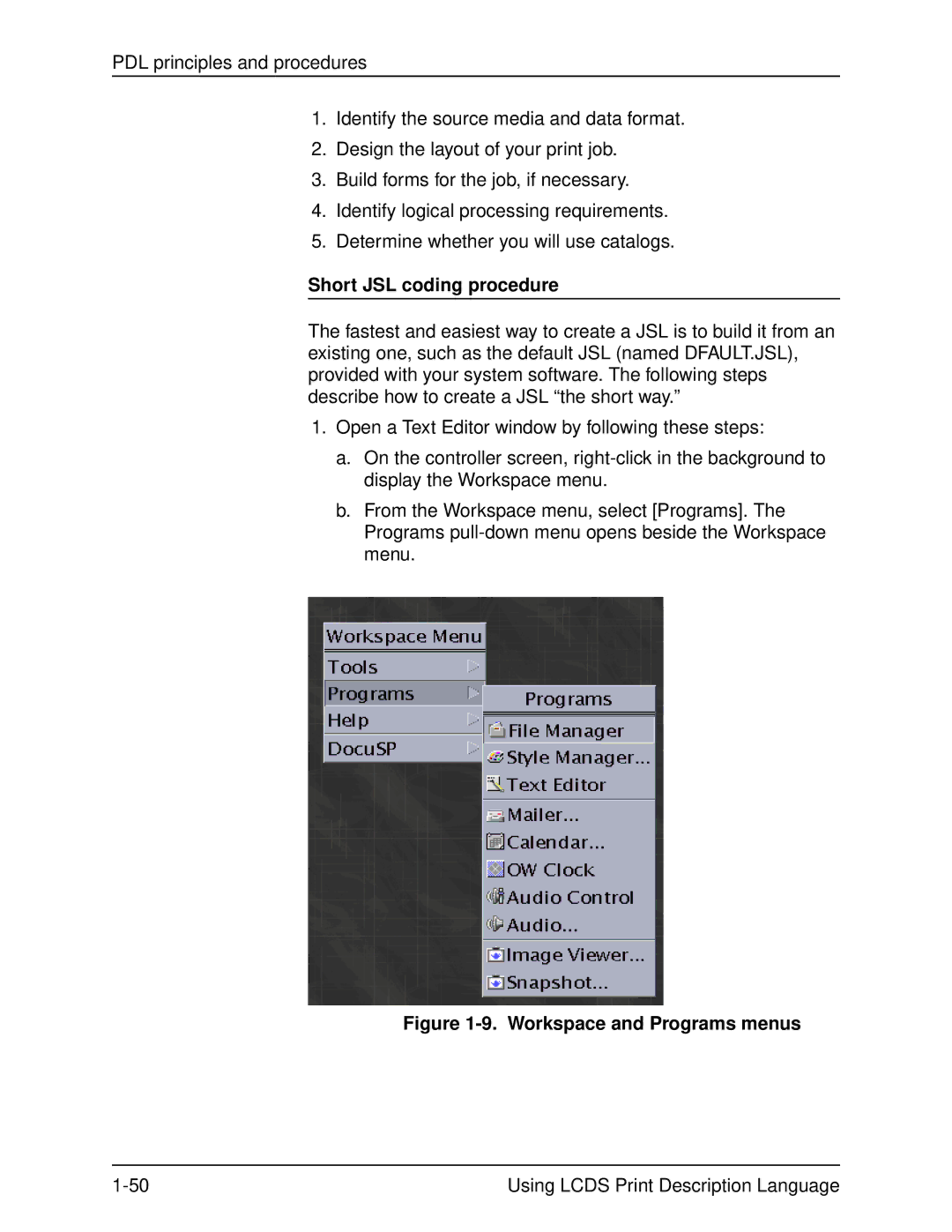 Xerox 701P21091 manual Short JSL coding procedure, Workspace and Programs menus 