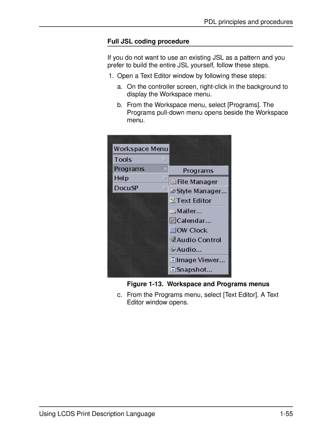 Xerox 701P21091 manual Full JSL coding procedure, Workspace and Programs menus 