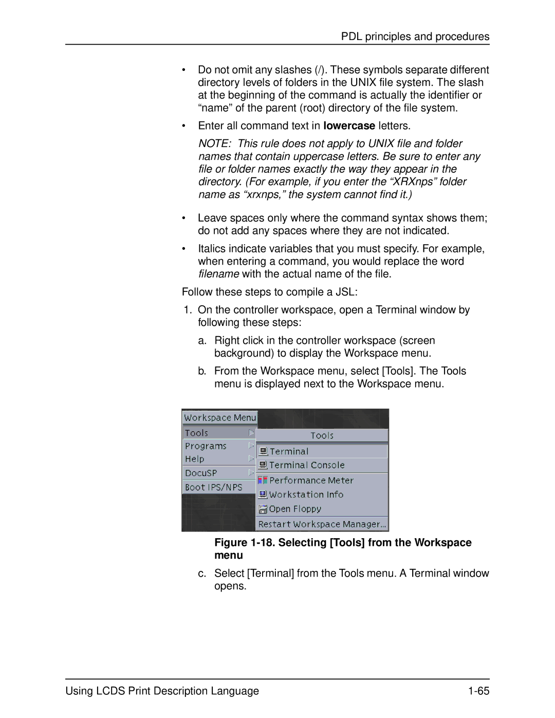 Xerox 701P21091 manual Selecting Tools from the Workspace menu 