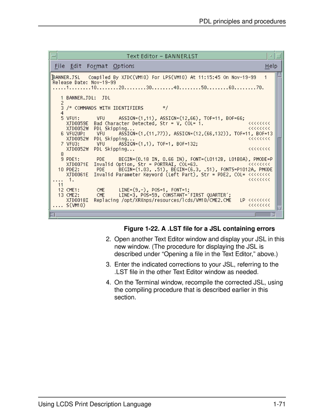 Xerox 701P21091 manual 22. a .LST file for a JSL containing errors 