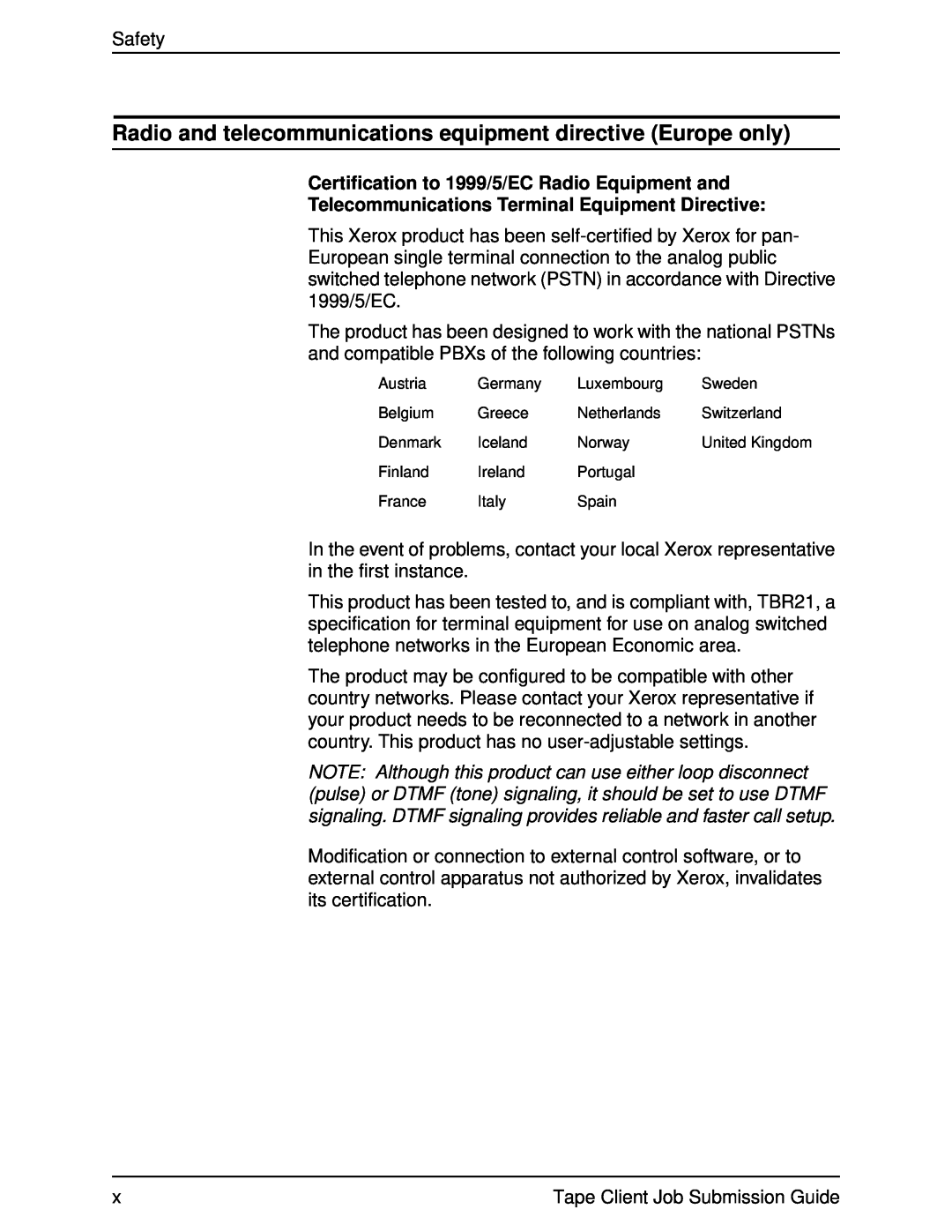 Xerox 701P21110 manual Certification to 1999/5/EC Radio Equipment and, Telecommunications Terminal Equipment Directive 