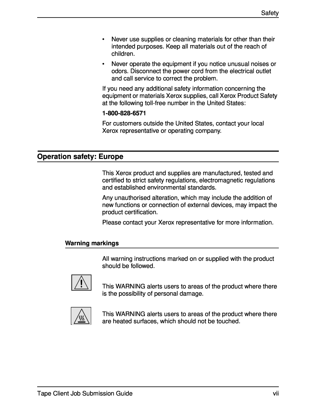Xerox 701P21110 manual Operation safety: Europe, 1-800-828-6571, Warning markings 
