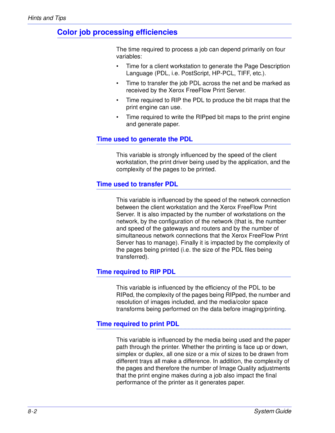 Xerox 701P25032 manual Color job processing efficiencies, Time used to generate the PDL, Time used to transfer PDL 