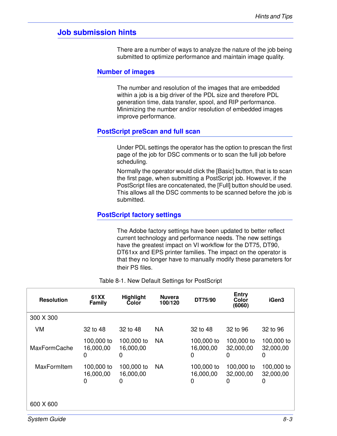 Xerox 701P25032 Job submission hints, Number of images, PostScript preScan and full scan, PostScript factory settings 