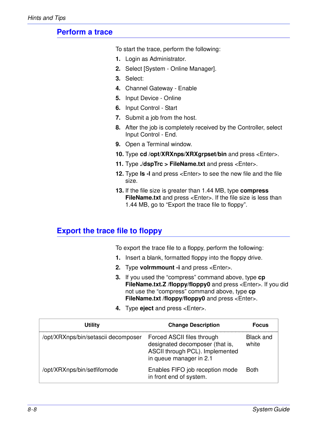 Xerox 701P25032 manual Perform a trace, Export the trace file to floppy 