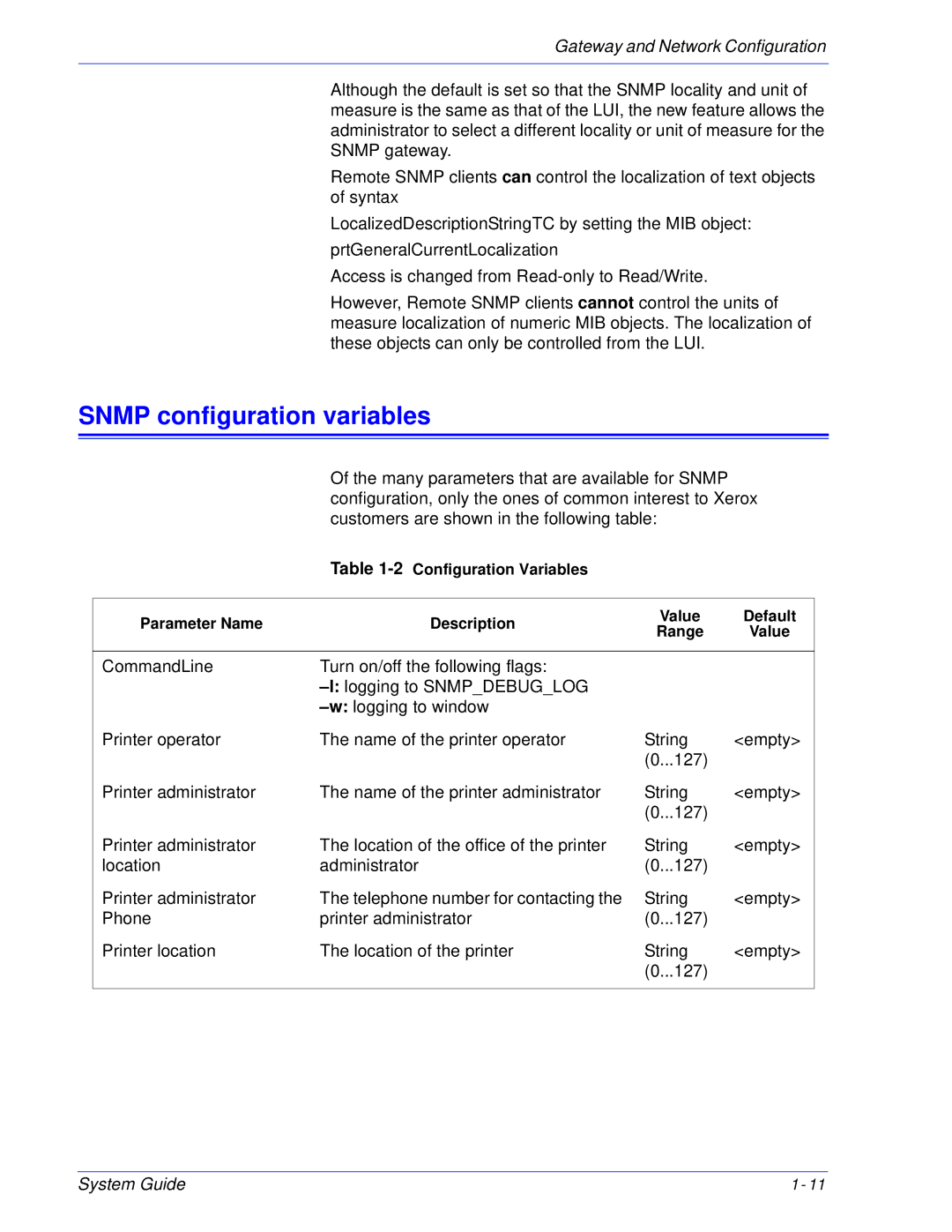 Xerox 701P25032 manual Snmp configuration variables 