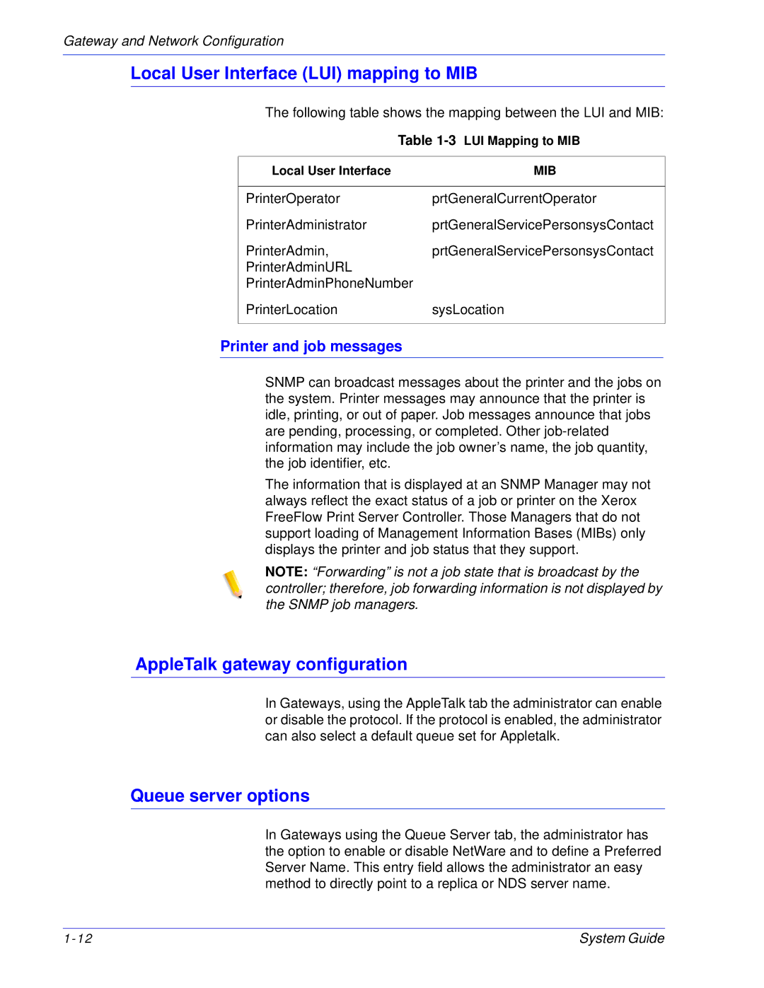 Xerox 701P25032 manual Local User Interface LUI mapping to MIB, AppleTalk gateway configuration, Queue server options 