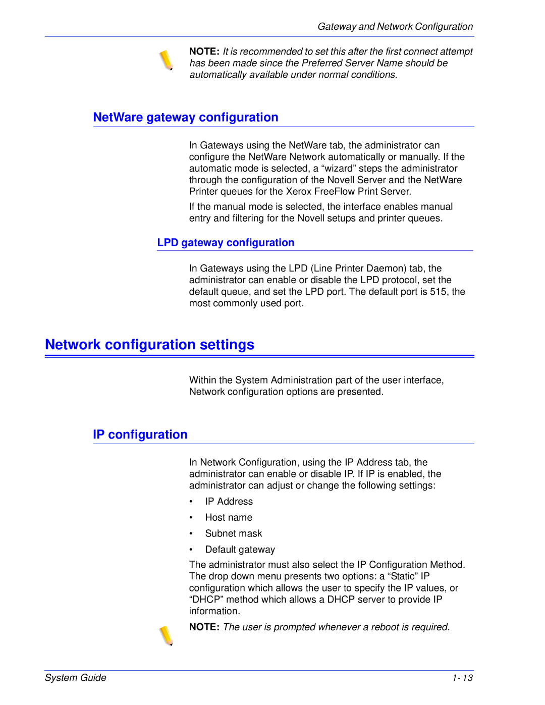 Xerox 701P25032 Network configuration settings, NetWare gateway configuration, IP configuration, LPD gateway configuration 