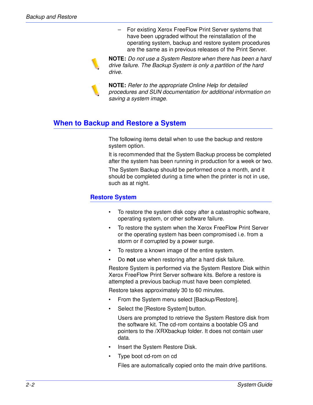 Xerox 701P25032 manual When to Backup and Restore a System, Restore System 