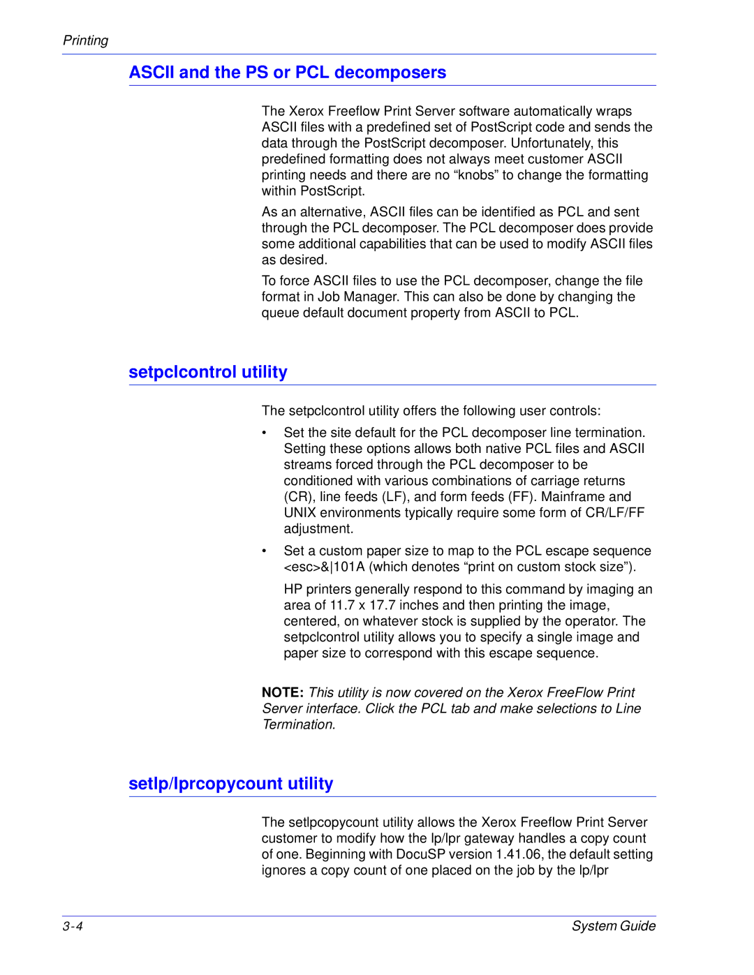 Xerox 701P25032 manual Ascii and the PS or PCL decomposers, Setpclcontrol utility, Setlp/lprcopycount utility 