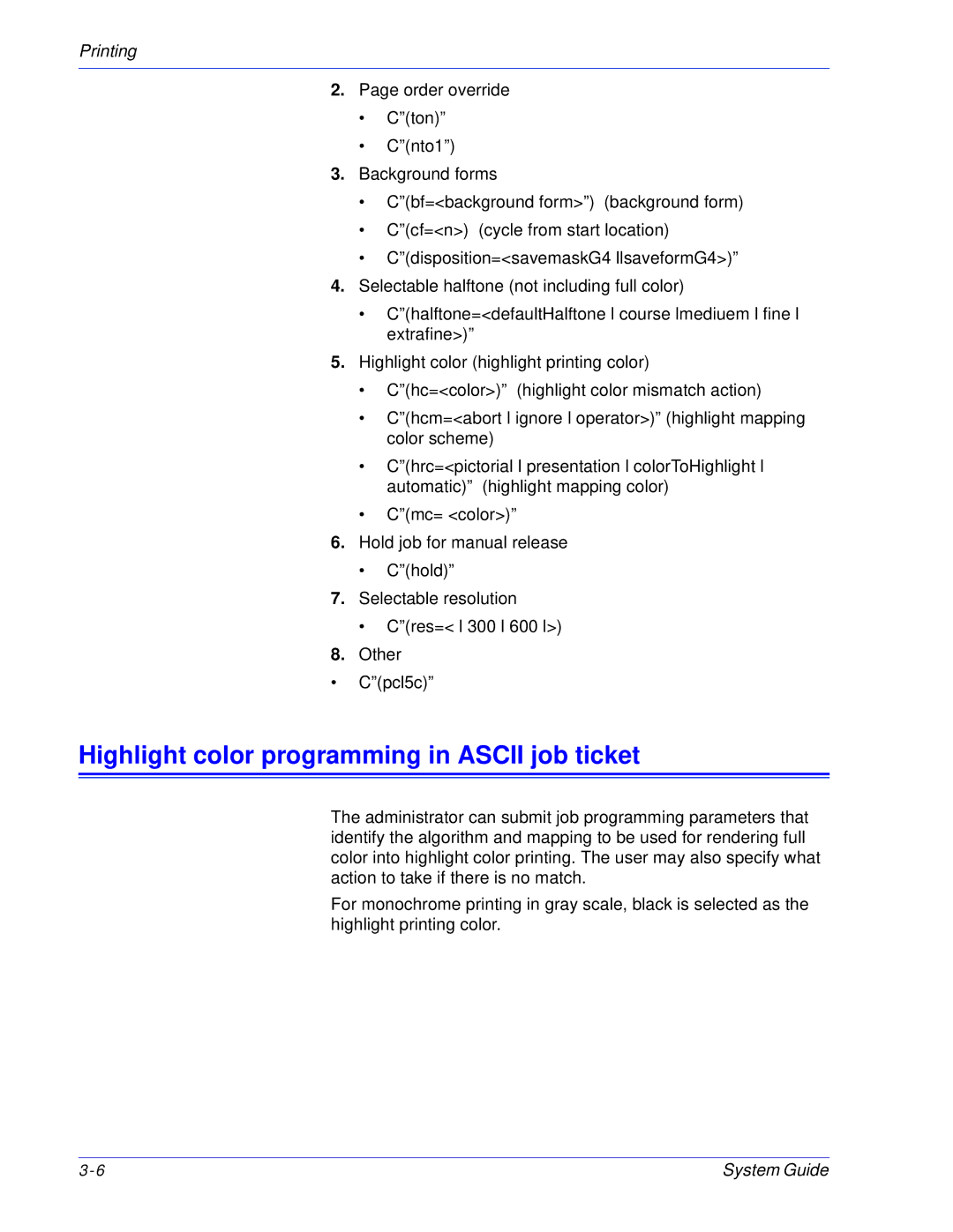 Xerox 701P25032 manual Highlight color programming in Ascii job ticket 