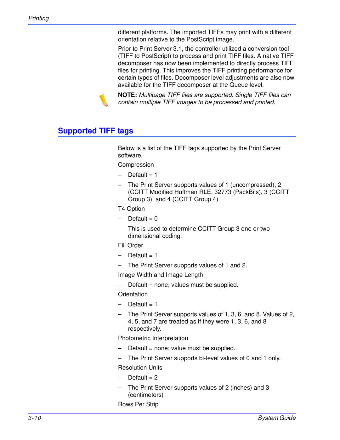 Xerox 701P25032 manual Supported Tiff tags 