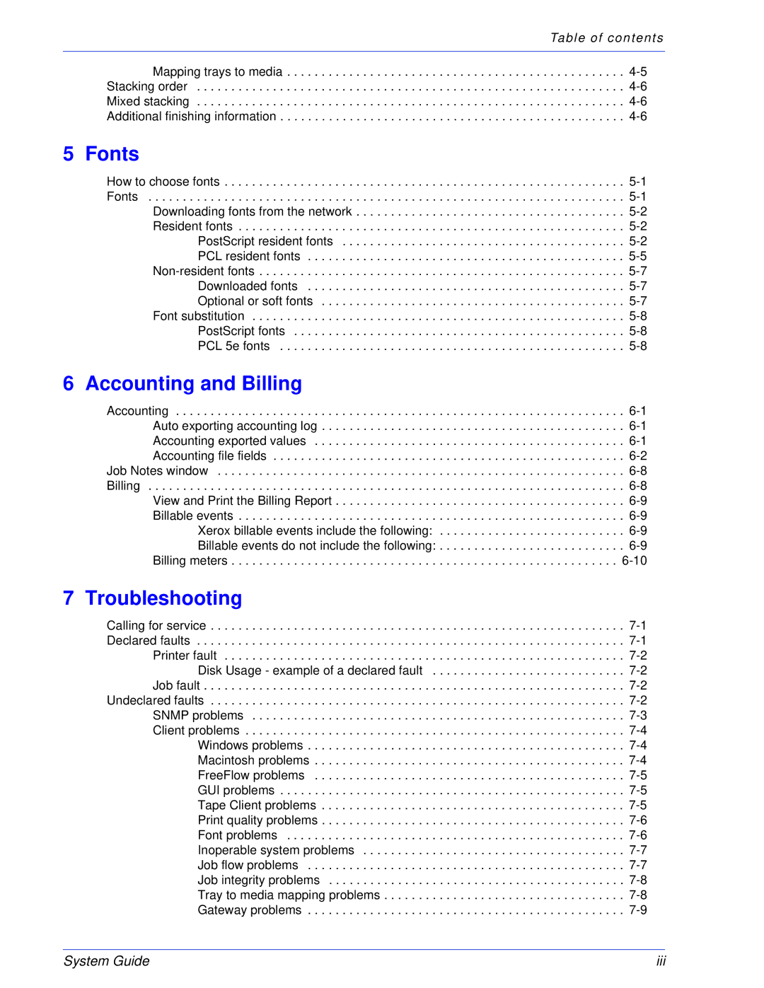 Xerox 701P25032 manual Fonts, Accounting and Billing, Troubleshooting 