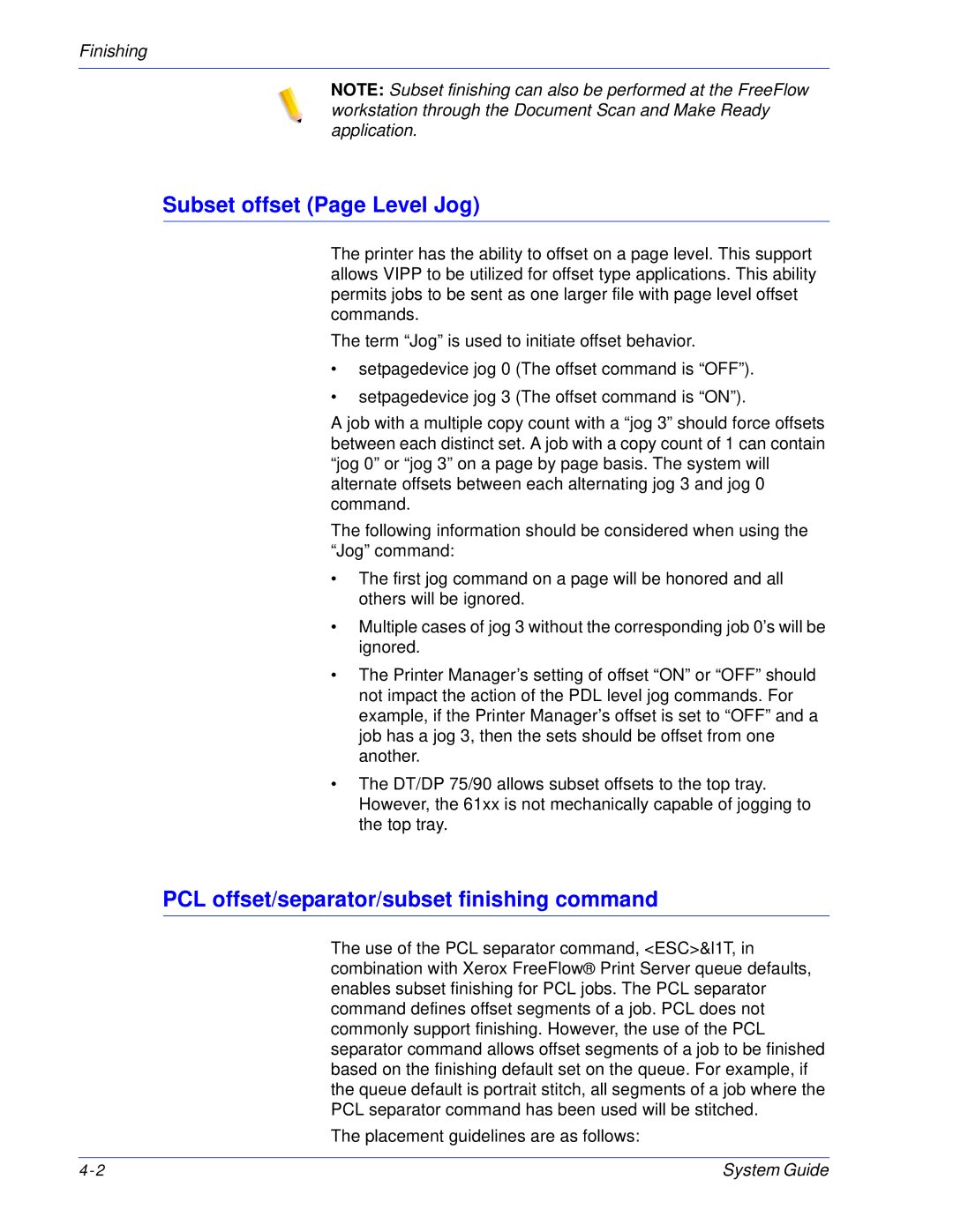 Xerox 701P25032 manual Subset offset Page Level Jog, PCL offset/separator/subset finishing command 