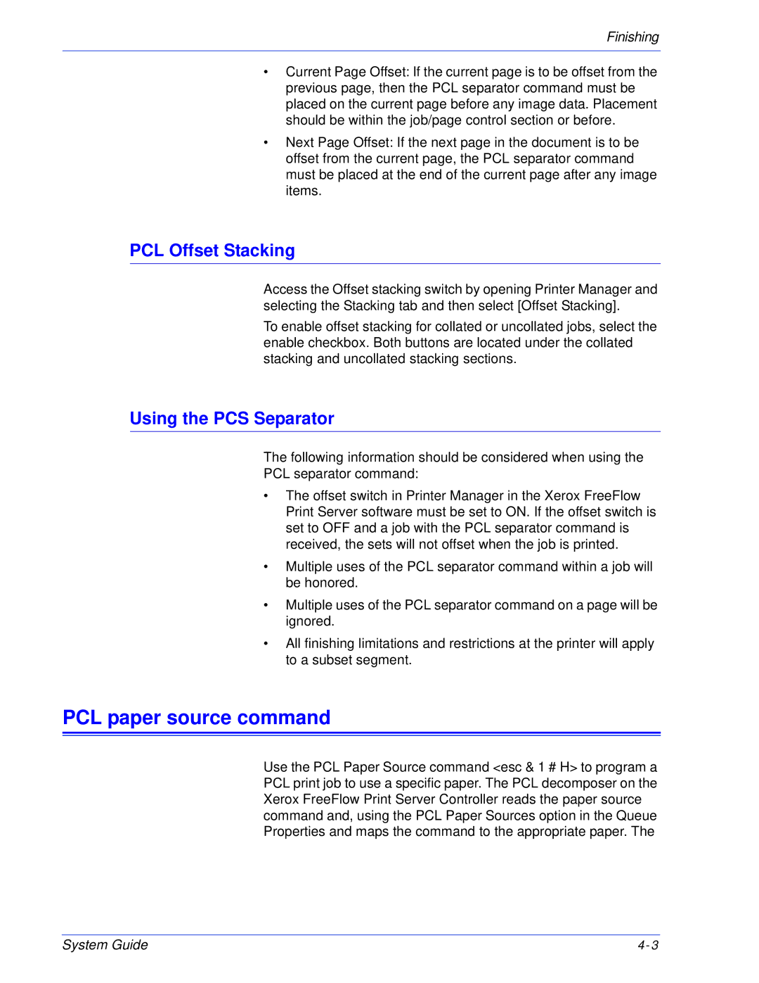 Xerox 701P25032 manual PCL paper source command, PCL Offset Stacking, Using the PCS Separator 