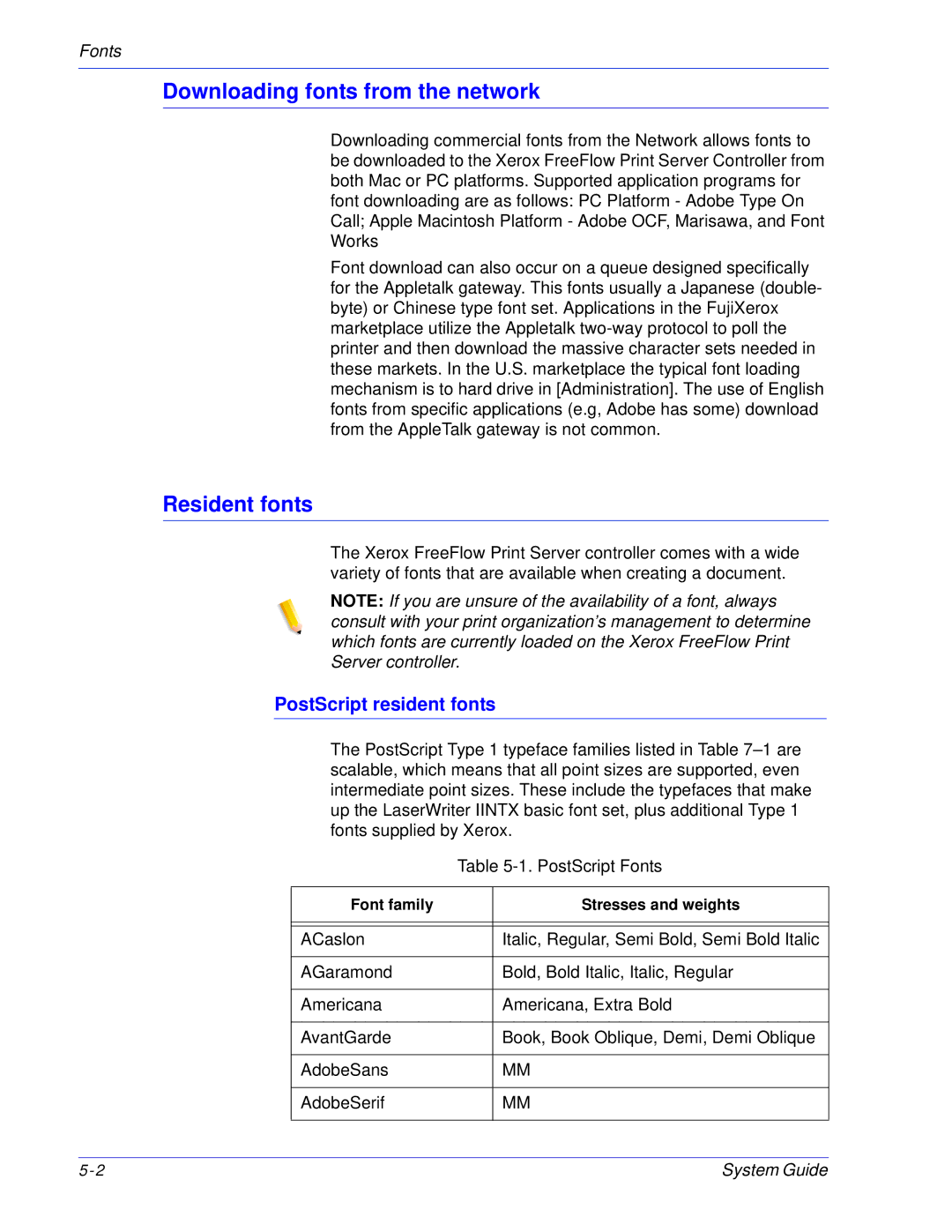 Xerox 701P25032 manual Downloading fonts from the network, Resident fonts, PostScript resident fonts 