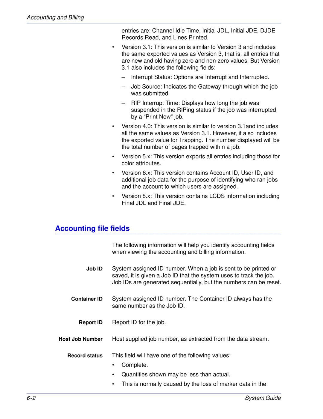 Xerox 701P25032 manual Accounting file fields 