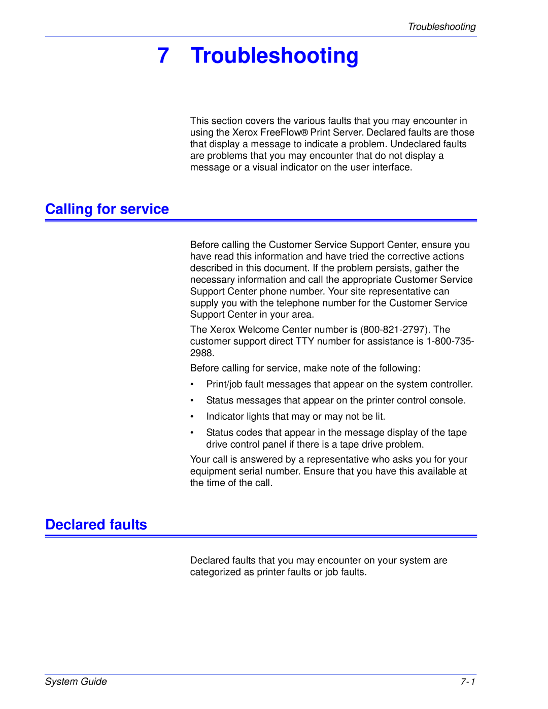 Xerox 701P25032 manual Calling for service, Declared faults 