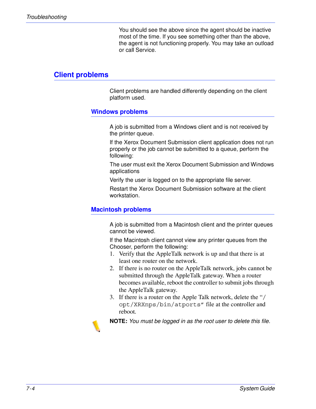 Xerox 701P25032 manual Client problems, Windows problems, Macintosh problems 