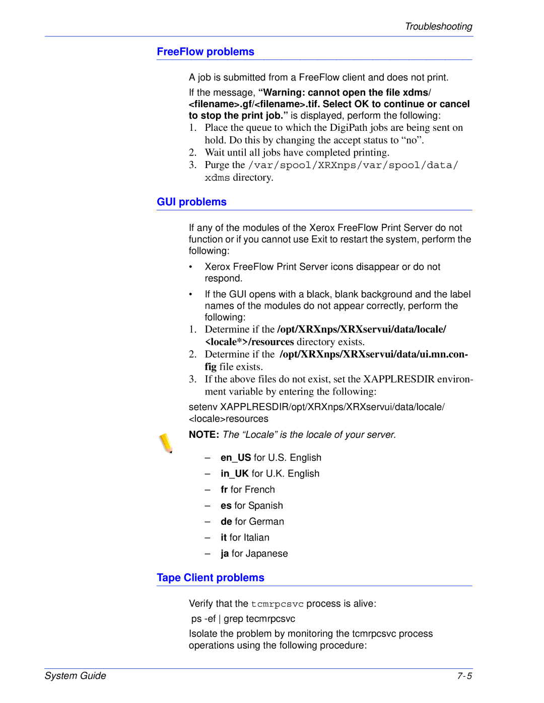 Xerox 701P25032 manual FreeFlow problems, GUI problems, Tape Client problems 