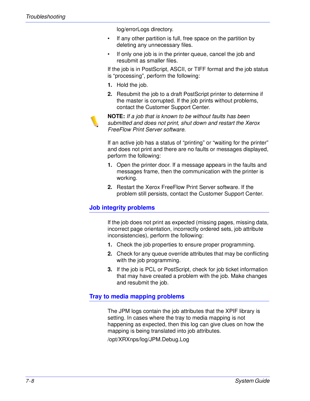 Xerox 701P25032 manual Job integrity problems, Tray to media mapping problems 