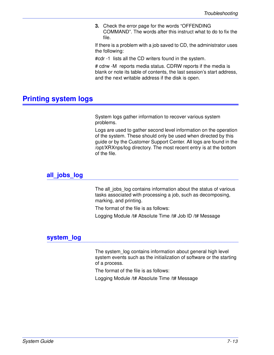 Xerox 701P25032 manual Printing system logs, Alljobslog, Systemlog 