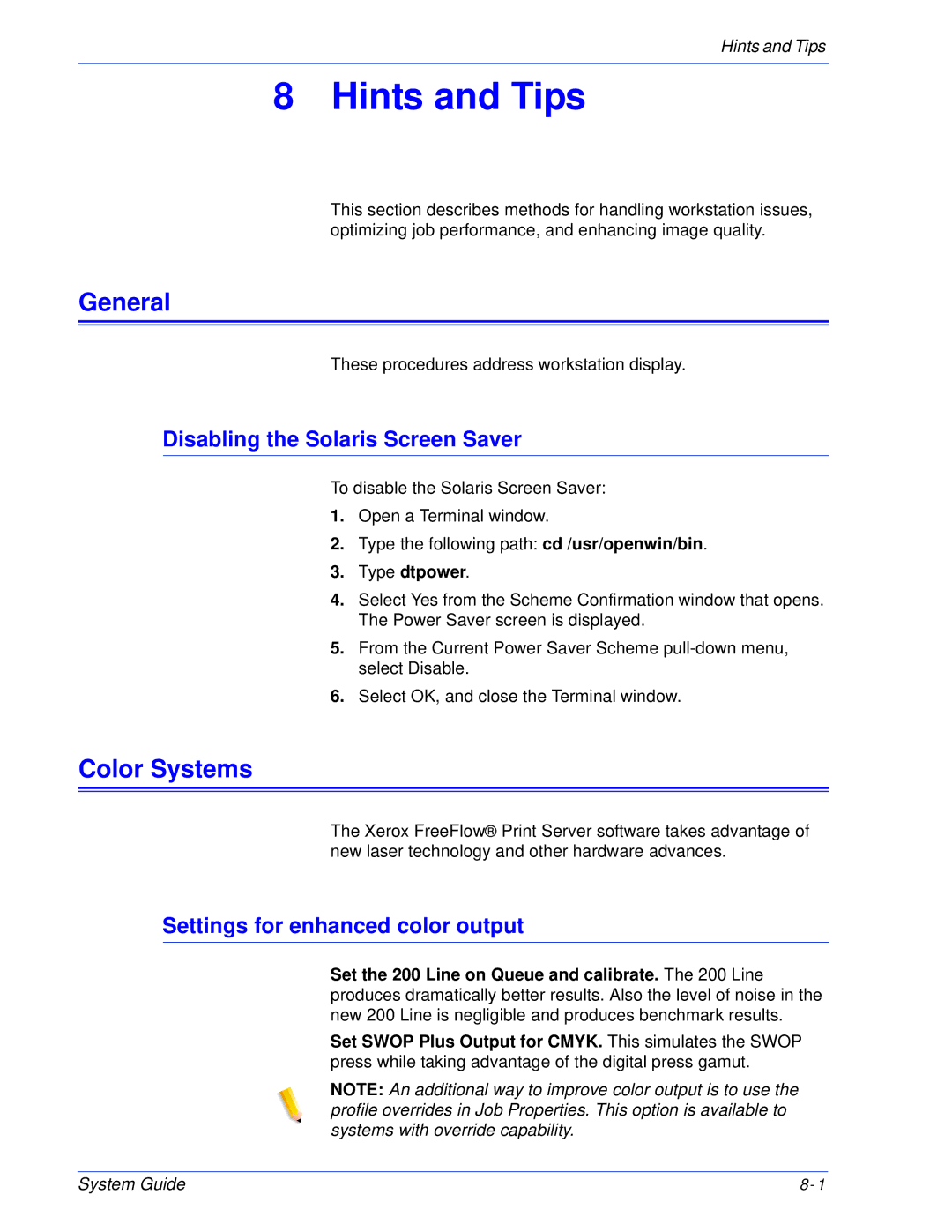 Xerox 701P25032 manual General, Color Systems, Disabling the Solaris Screen Saver, Settings for enhanced color output 