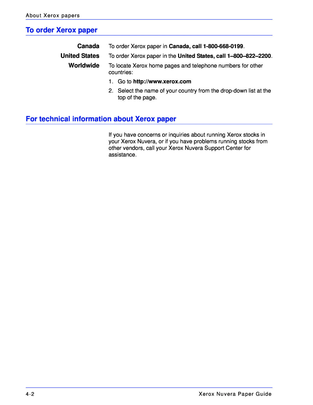 Xerox 701P28020 manual To order Xerox paper, For technical information about Xerox paper 