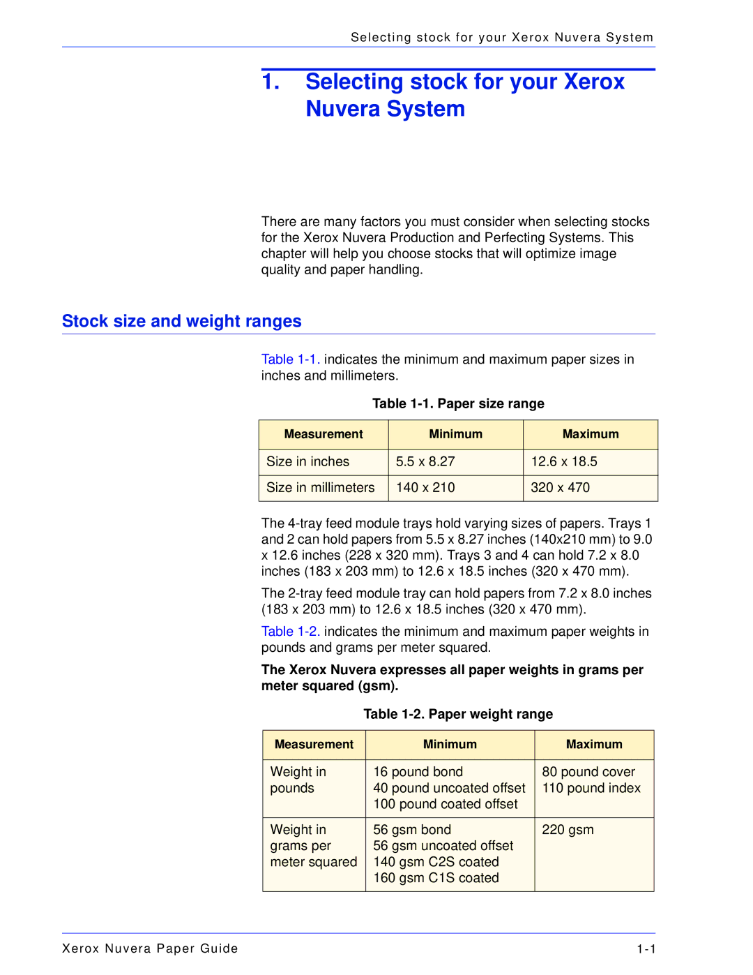 Xerox 701P28020 manual Selecting stock for your Xerox Nuvera System, Stock size and weight ranges, Paper size range 