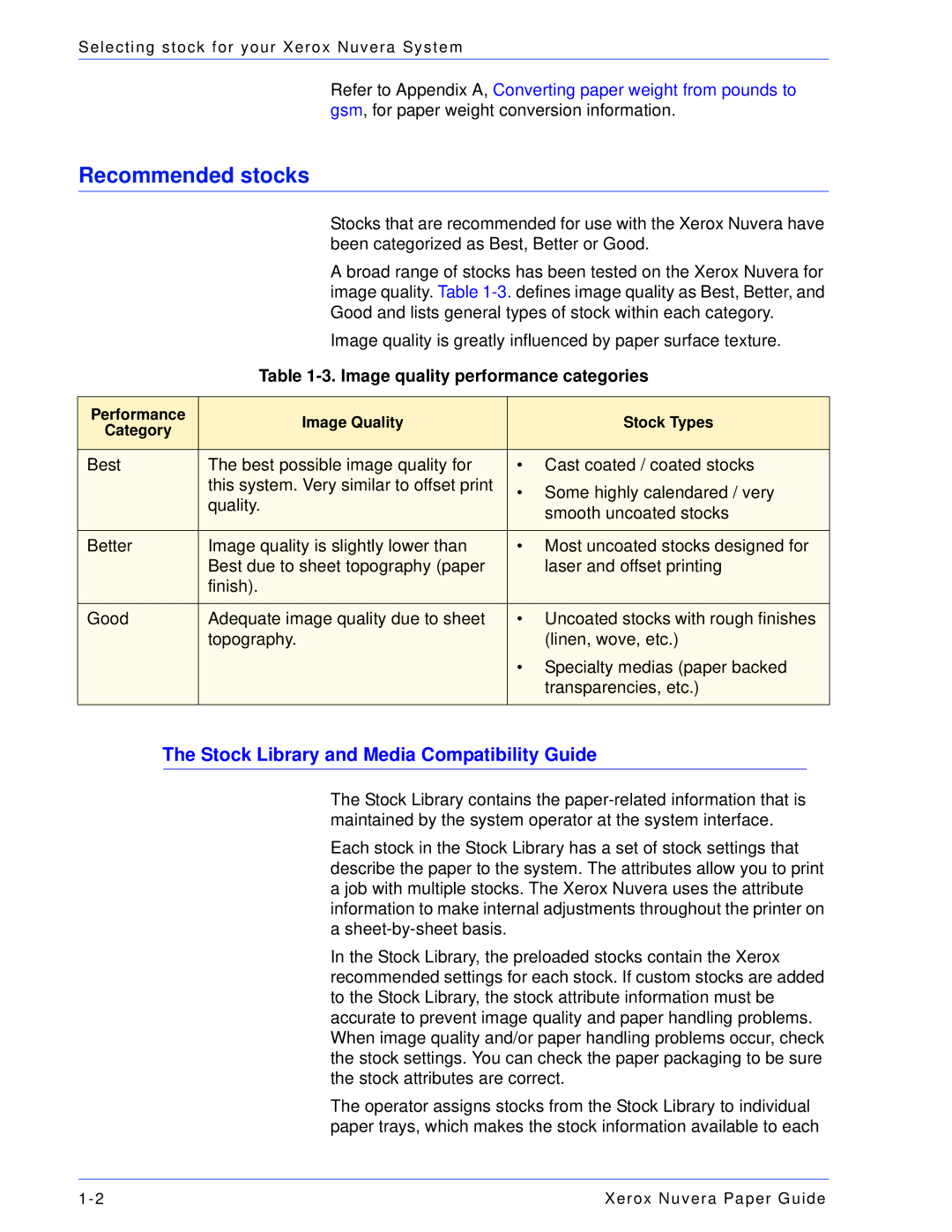 Xerox 701P28020 Recommended stocks, Stock Library and Media Compatibility Guide, Image quality performance categories 