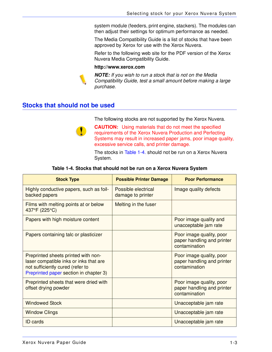 Xerox 701P28020 manual Stocks that should not be used, Stocks that should not be run on a Xerox Nuvera System 