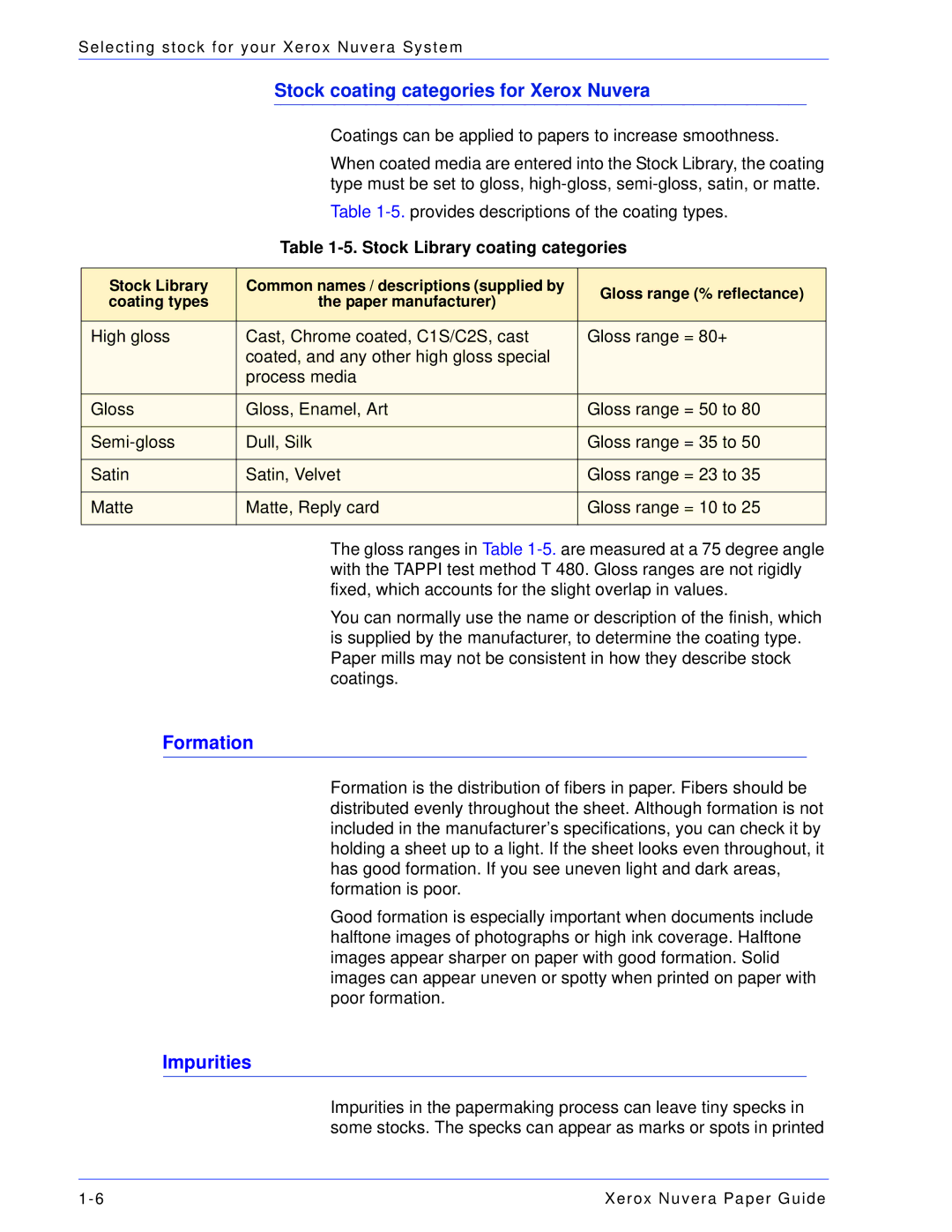 Xerox 701P28020 manual Formation, Impurities, Stock Library coating categories 