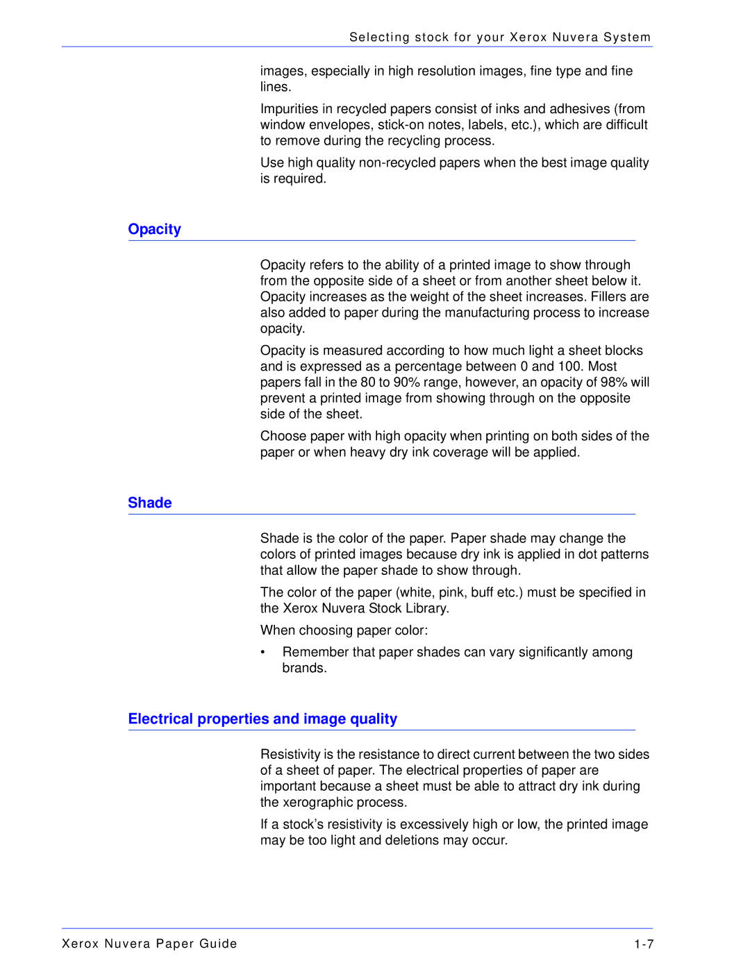 Xerox 701P28020 manual Opacity, Shade, Electrical properties and image quality 