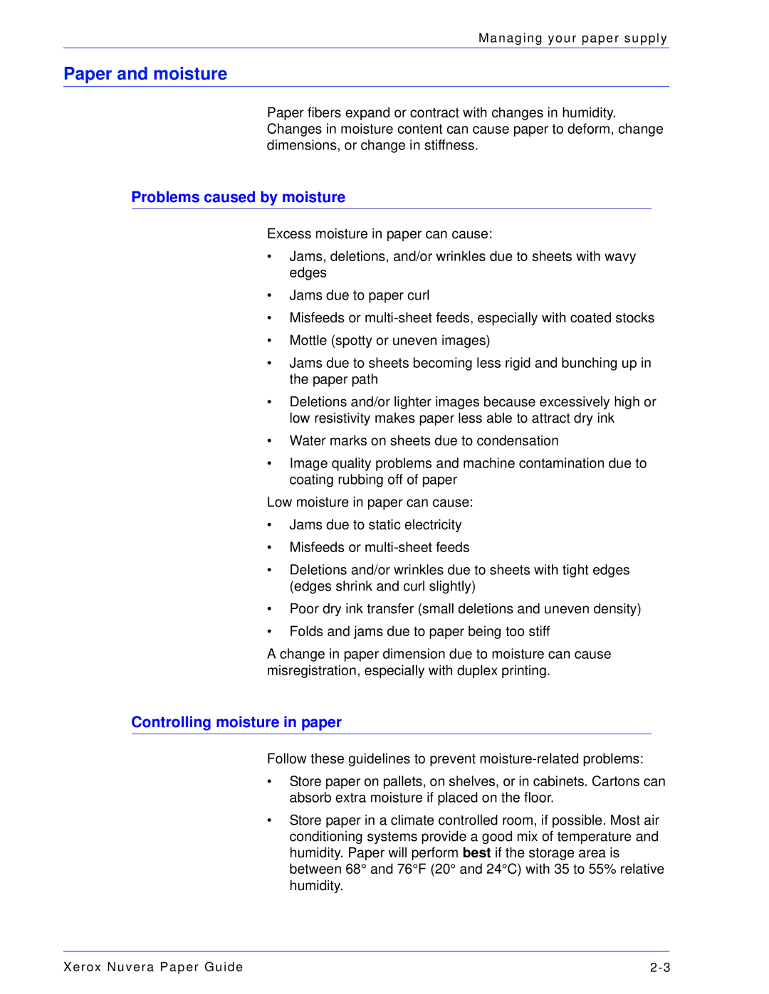 Xerox 701P28020 manual Paper and moisture, Problems caused by moisture, Controlling moisture in paper 