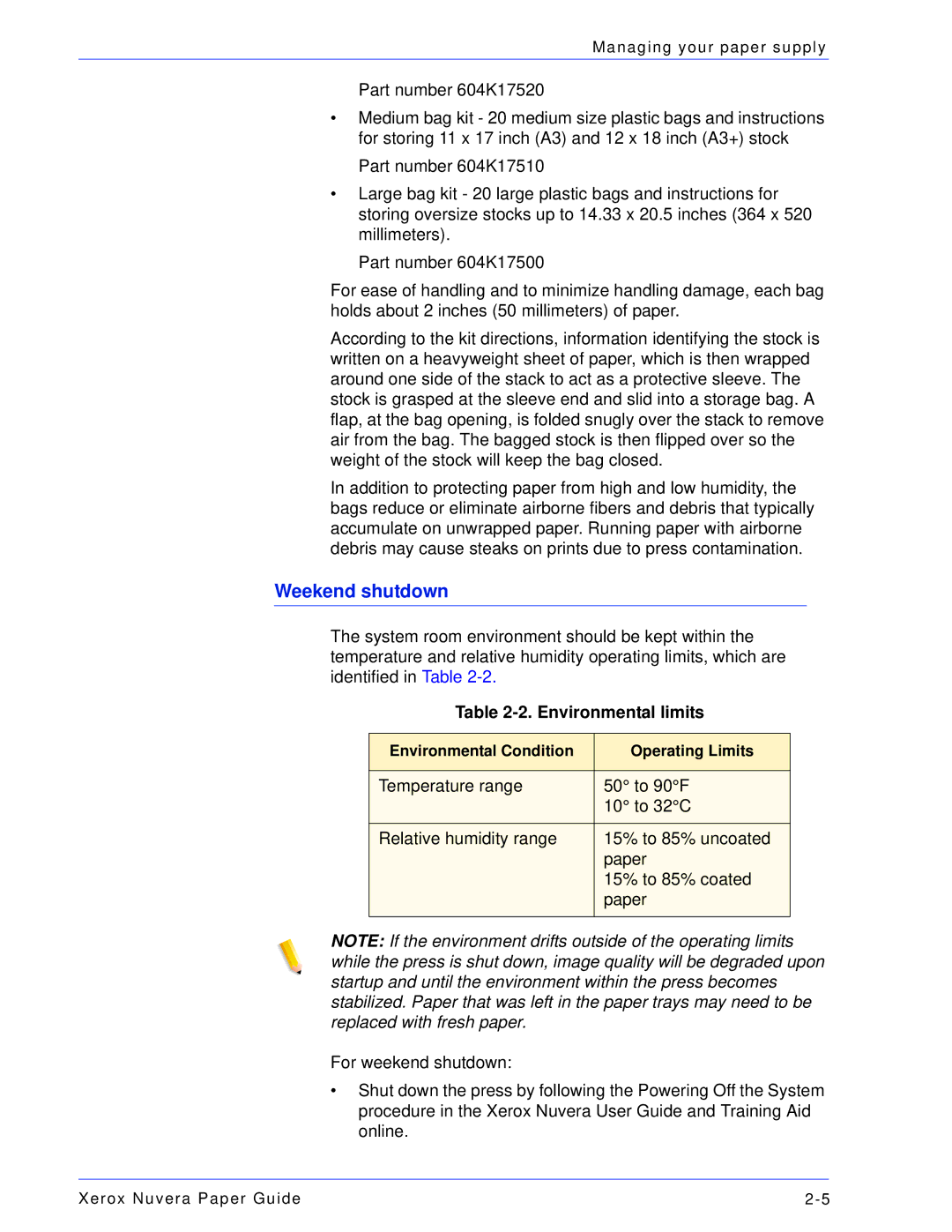 Xerox 701P28020 manual Weekend shutdown, Environmental limits 