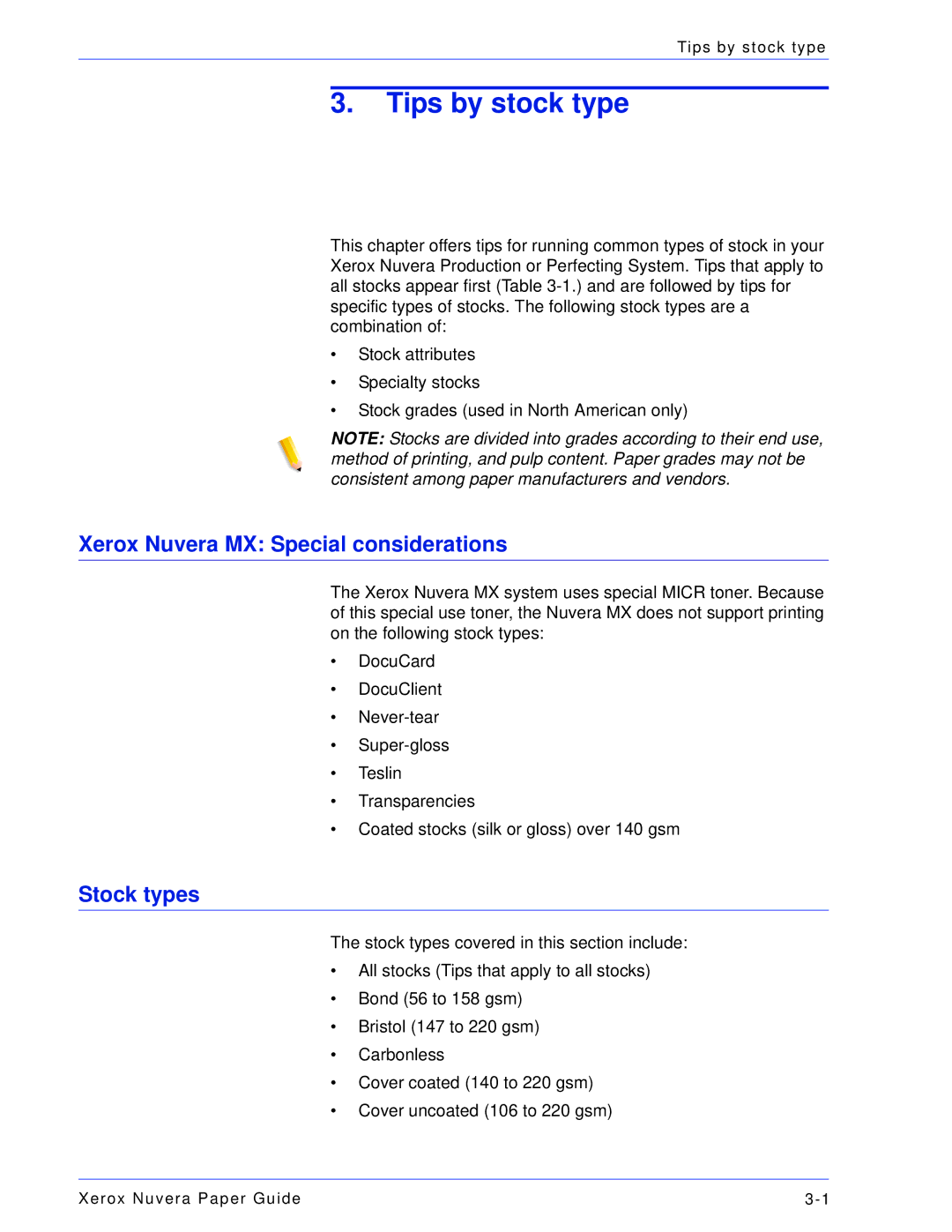 Xerox 701P28020 manual Tips by stock type, Xerox Nuvera MX Special considerations, Stock types 