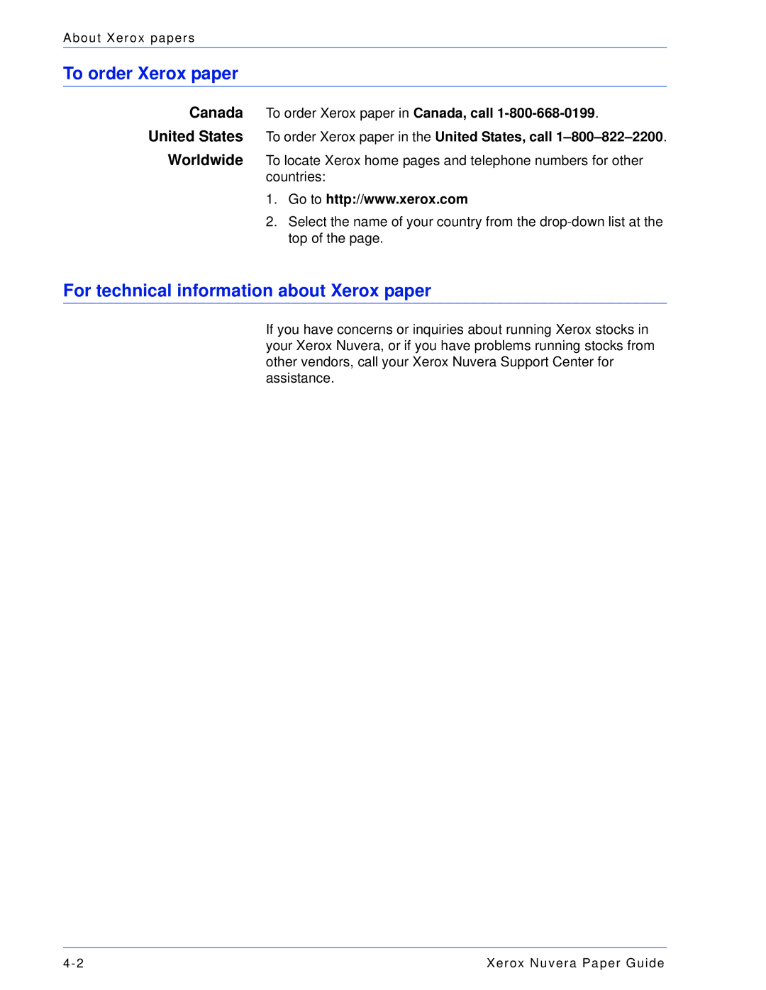 Xerox 701P28020 manual To order Xerox paper, For technical information about Xerox paper 