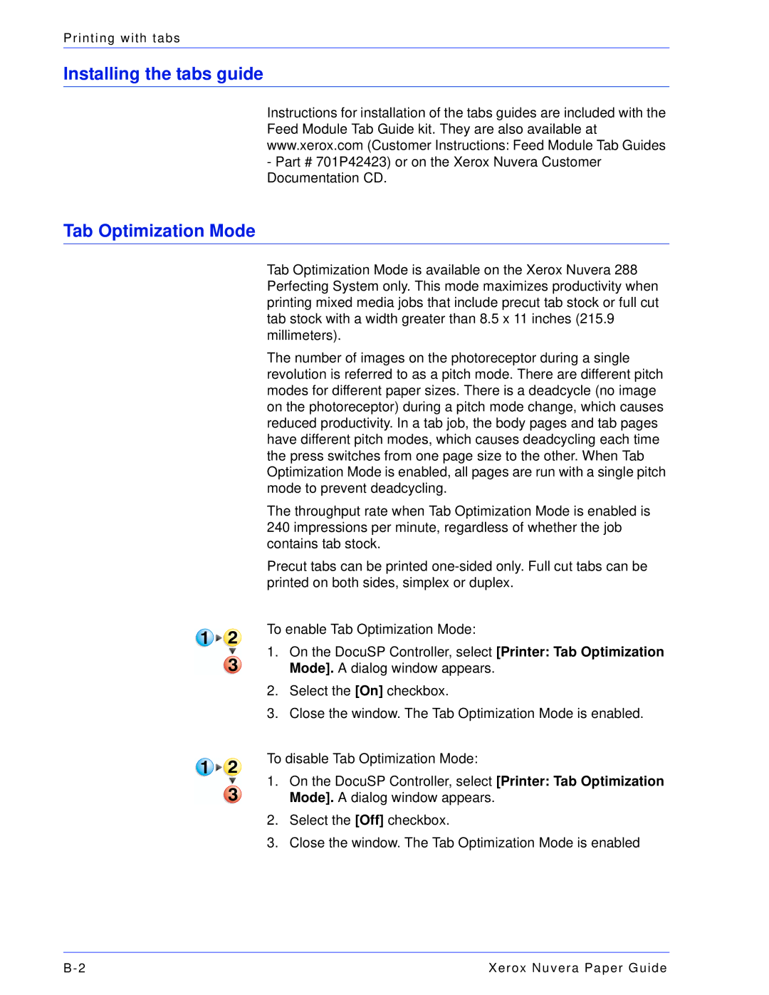 Xerox 701P28020 manual Installing the tabs guide, Tab Optimization Mode 