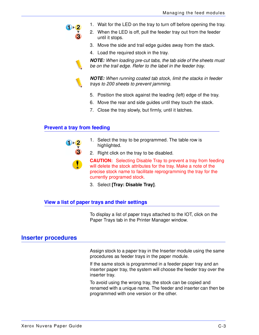 Xerox 701P28020 manual Inserter procedures, Prevent a tray from feeding, View a list of paper trays and their settings 