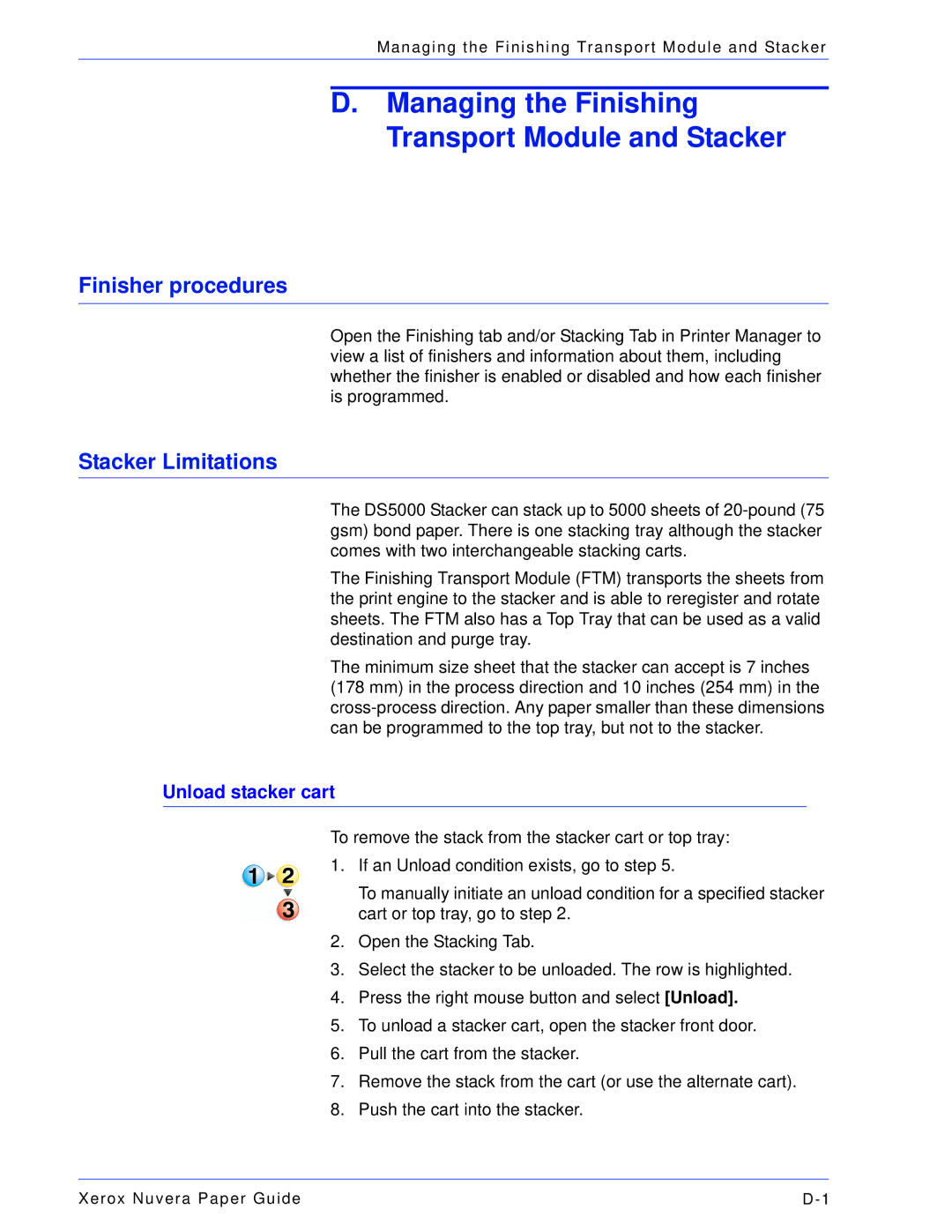 Xerox 701P28020 manual Managing the Finishing Transport Module and Stacker, Finisher procedures, Stacker Limitations 