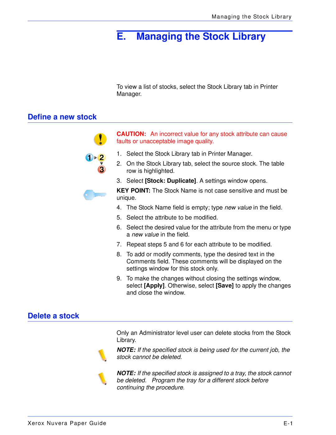 Xerox 701P28020 manual Managing the Stock Library, Define a new stock, Delete a stock 