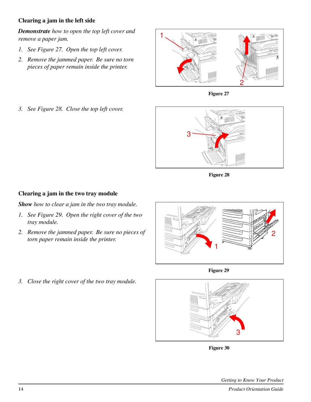 Xerox 701P31130 manual Clearing a jam in the left side, Clearing a jam in the two tray module 