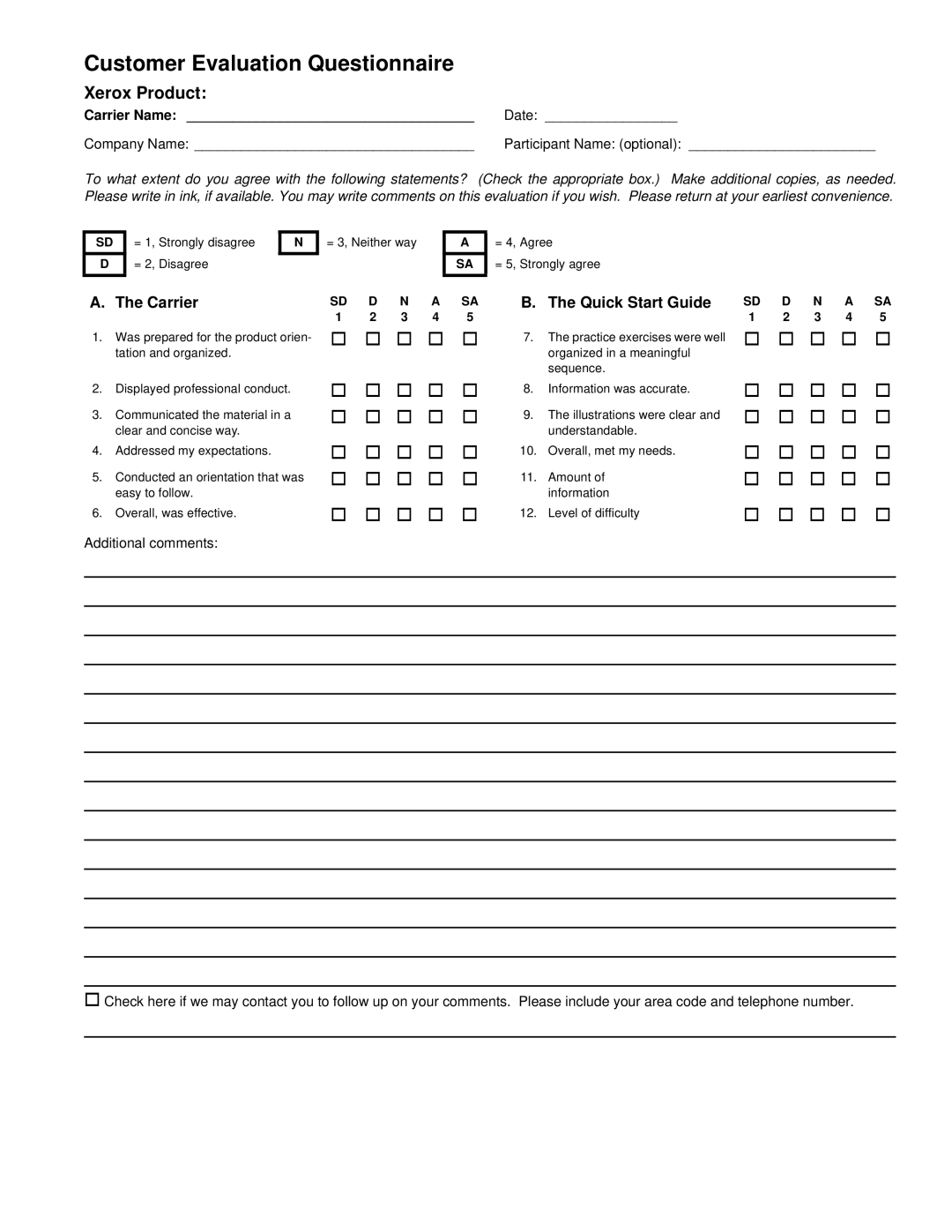 Xerox 701P31130 manual Customer Evaluation Questionnaire 