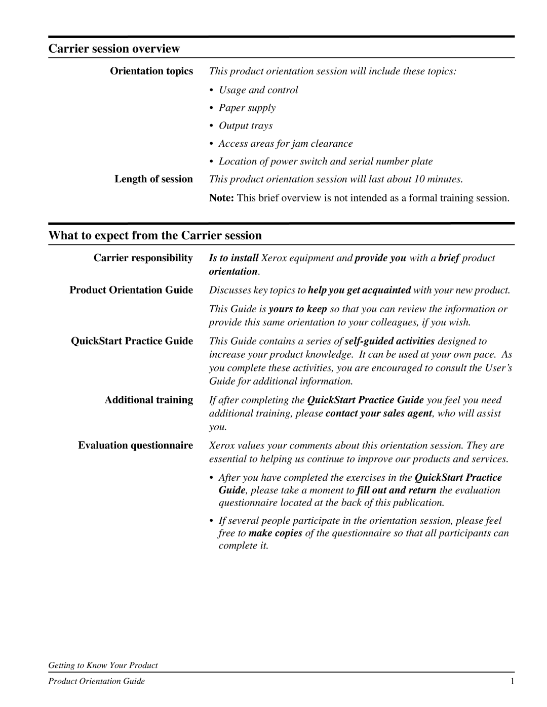 Xerox 701P31130 manual Carrier session overview, What to expect from the Carrier session 